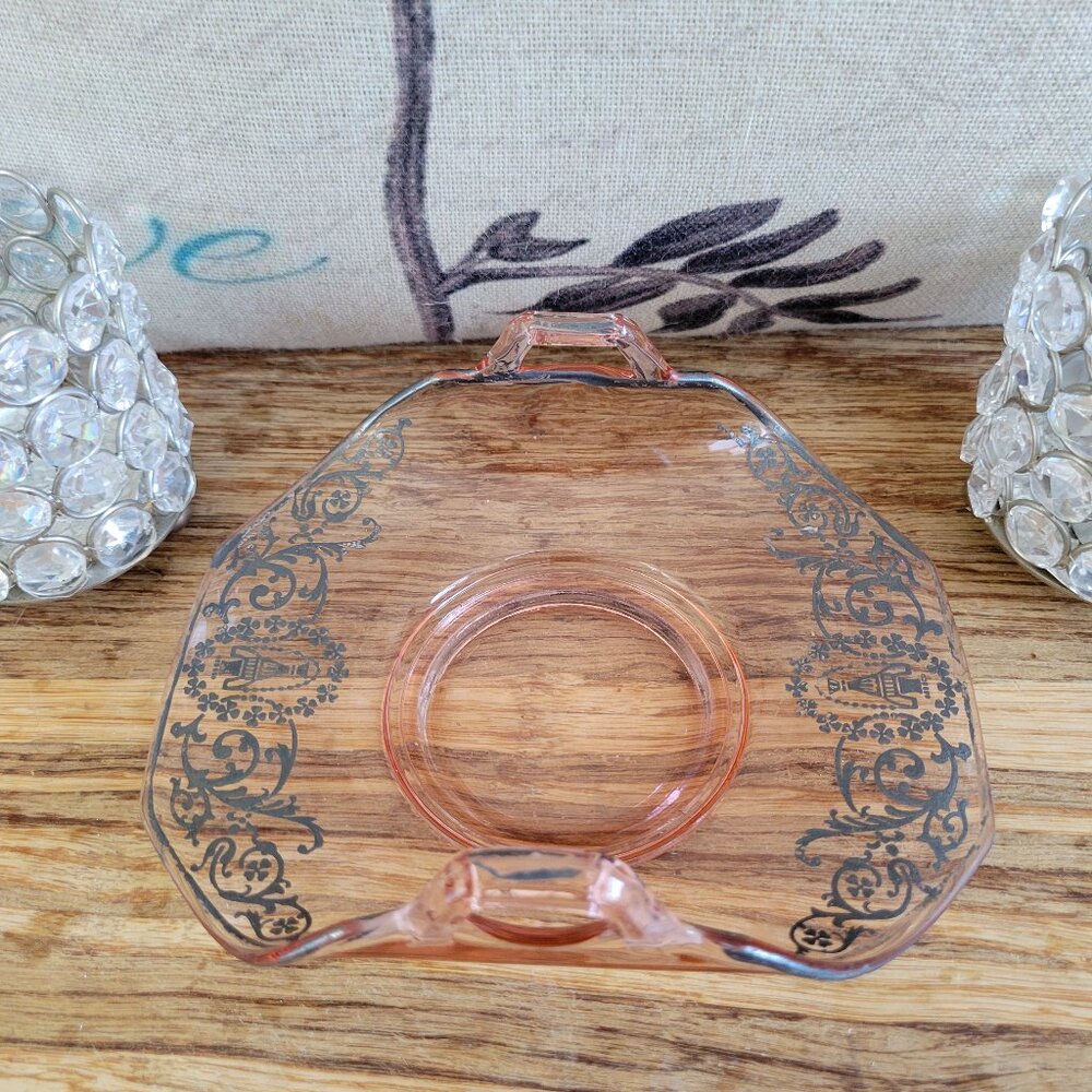 Vintage Pink Glass Silver Overlay Folded Bon Bon Candy Dish